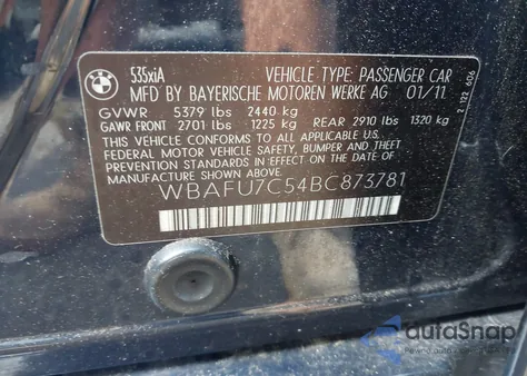 2011 BMW 535I xDrive from USA, damaged, VIN WBAFU7C54BC873781